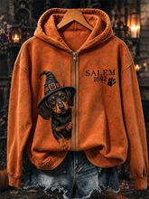 Unisex SALEM Halloween Peeking Dachshund Dog Print Full-Zip Hoodie