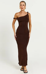 Isabel Midi Dress - Twist Off Shoulder Bodycon Dress in Chocolate