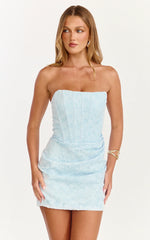 Rachel Mini Dress - Strapless Corset Bodice Draped Skirt Dress in Ice Blue