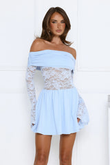 In the Loop Off Shoulder Lace Mini Dress Blue