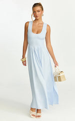 Luciana Maxi Dress - U Neck Smock Dress in Blue