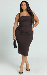 Tiffy Midi Dress - Square Neck Ruched Bodycon Dress in Chocolate