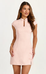 Jana Mini Dress - Mandarin Collar Leg Split Bodycon Dress in Pink