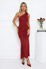 Alluring Ruched One Shoulder Maxi Dress Burgundy