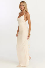 Penny Maxi Dress - Draped Cowl Neck 3D Flower Dress in Cream