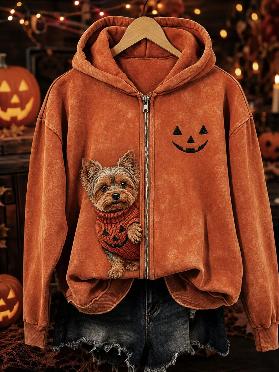Unisex Halloween Peeking Yorkie Dog & Pumpkin Face Print Full Zip Hoodie