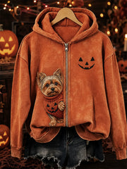 Unisex Halloween Peeking Yorkie Dog & Pumpkin Face Print Full Zip Hoodie