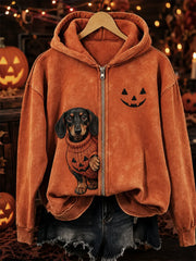 Unisex Halloween Peeking Dachshund Dog & Pumpkin Face Print Full Zip Hoodie