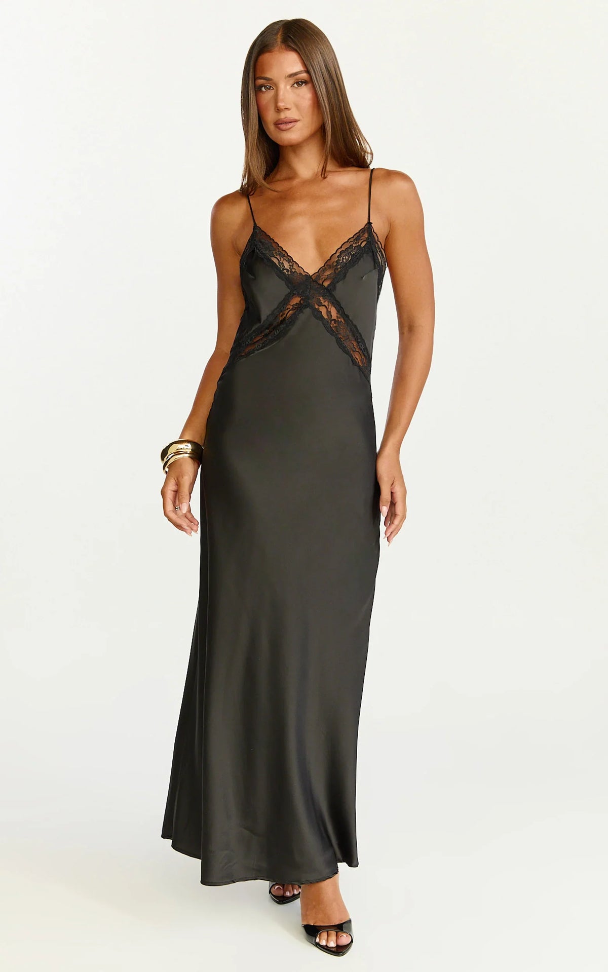 Christy Midi Dress - V Neck Lace Detail Slip Dress in Black