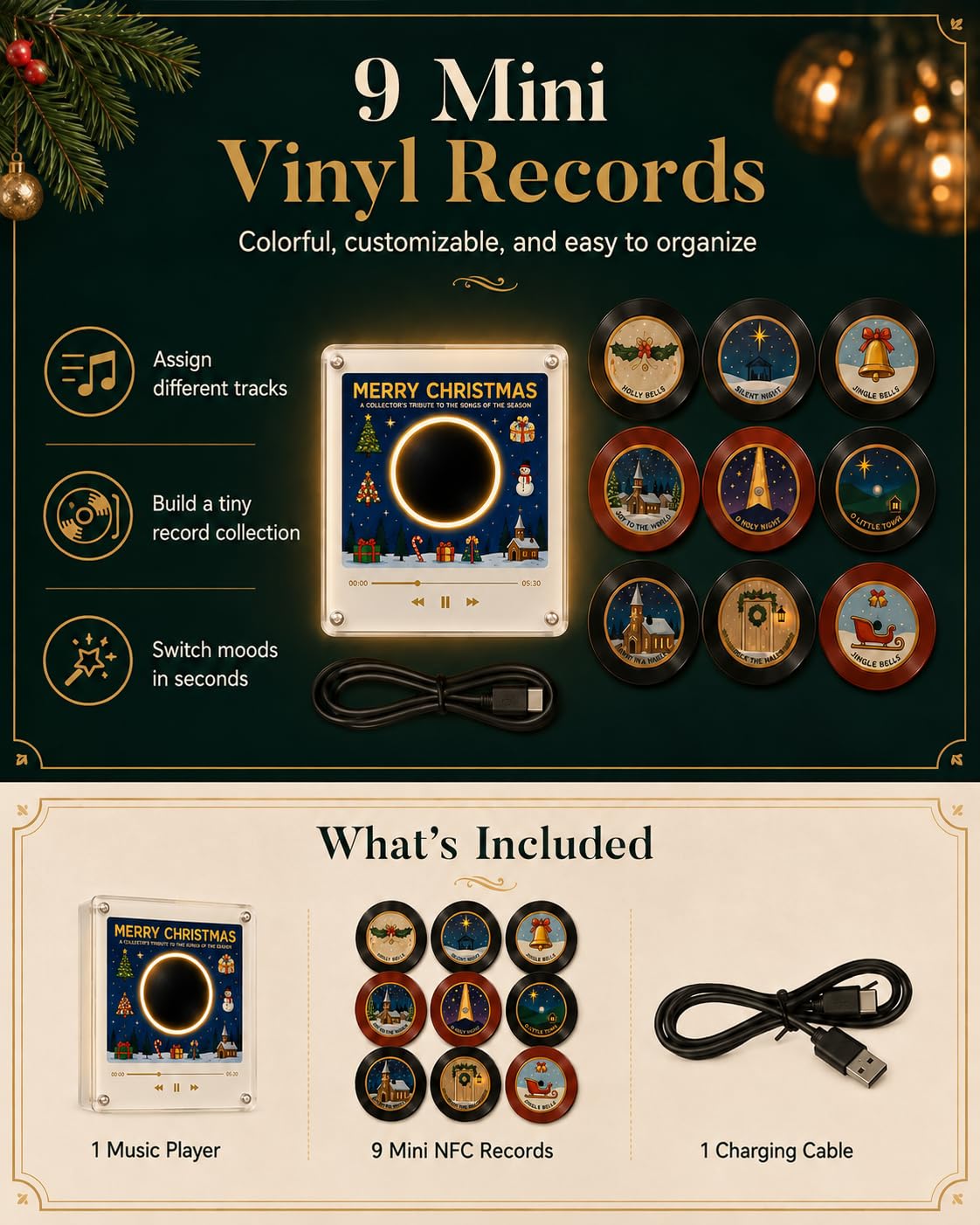 🎄Christmas Vinyl Player Fridge Record NFC Magnetic Music Box Set🎶