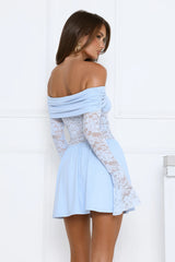 In the Loop Off Shoulder Lace Mini Dress Blue