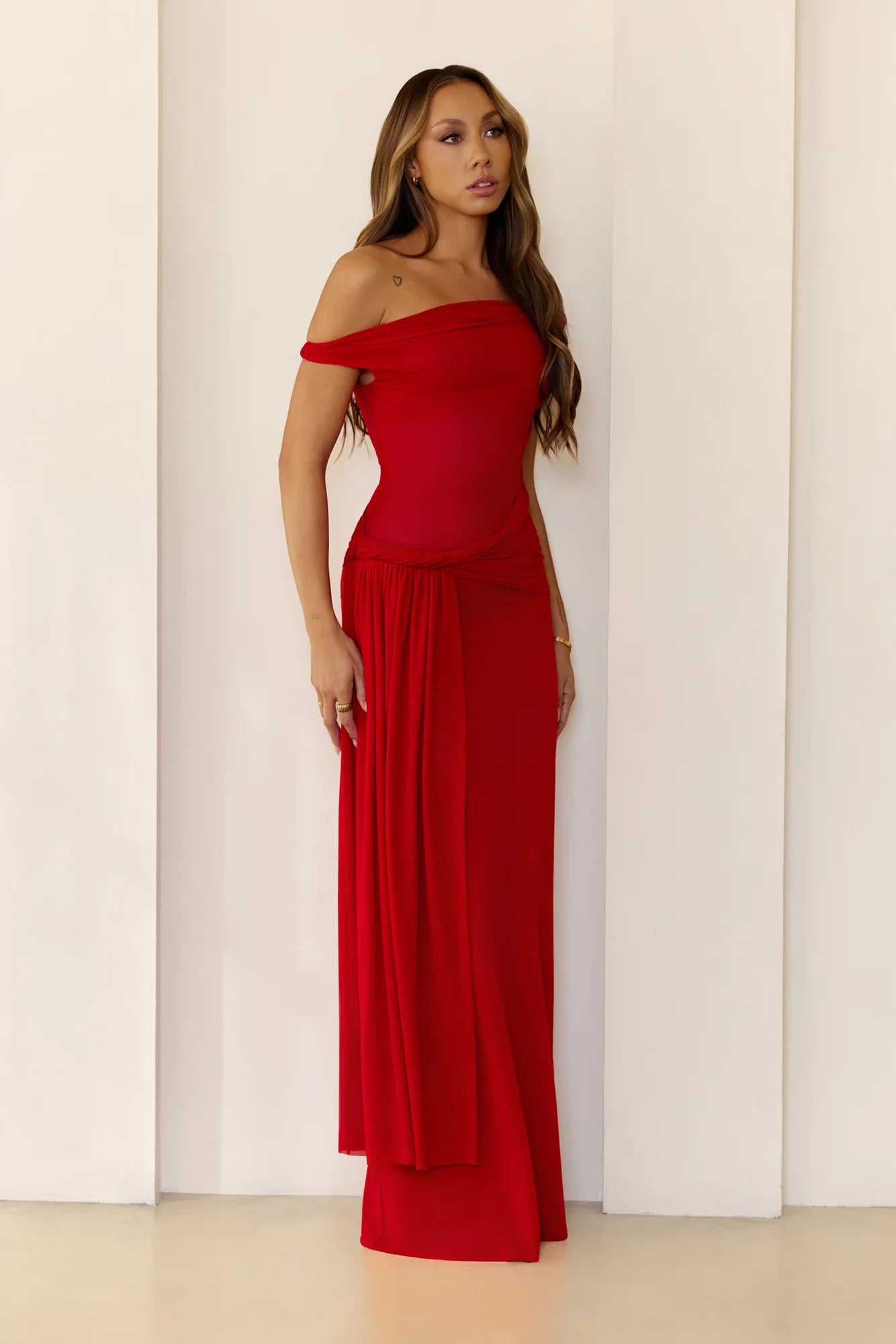 Sleek Off Shoulder Sheer Maxi Dress Red