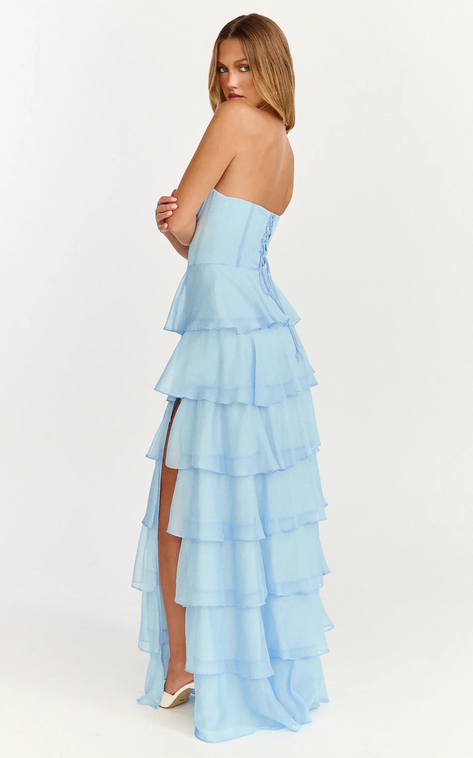 Bella Maxi Dress - Strapless Corset Bodice Lace Up Back Tiered Ruffle Dress in Soft Blue