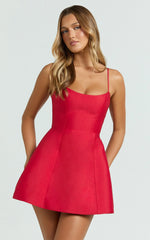 Carolina Mini Dress - Scoop Neck Panel Bodice Dress in Red