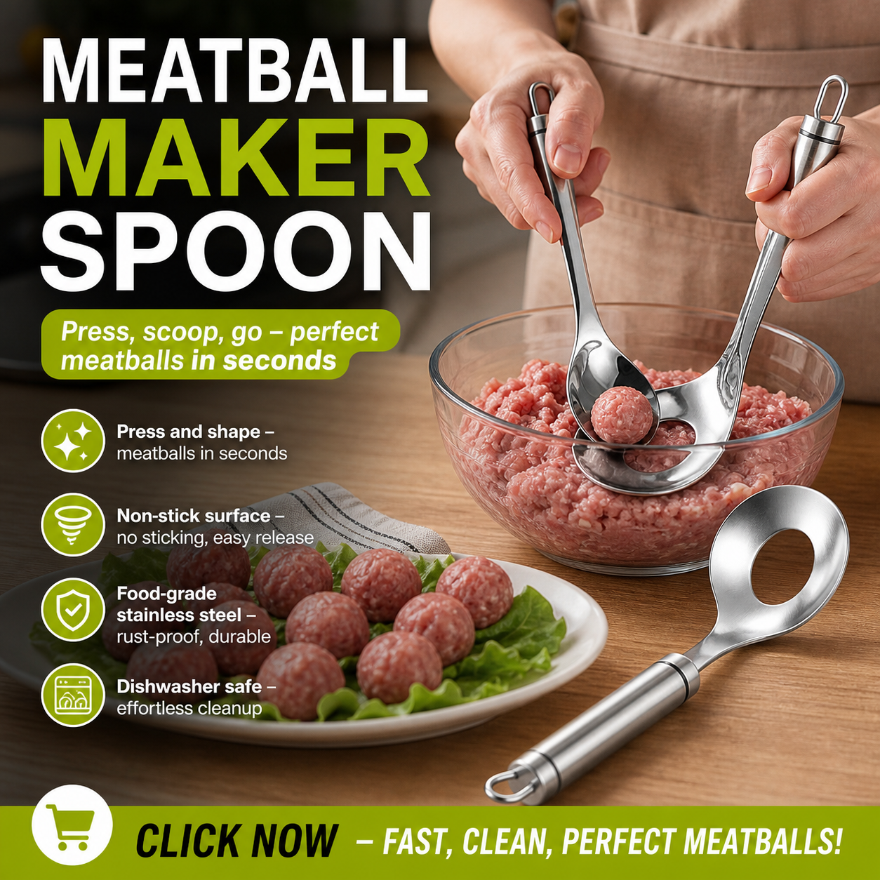 🎁 LIMITED-TIME 50% OFF  🍳 Stainless steel meatball spoon Forms uniform meatballs without getting your hands sticky.
