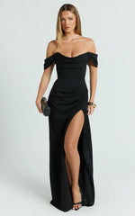 Marcel Maxi Dress - Off Shoulder Corset High Split Dress in Black
