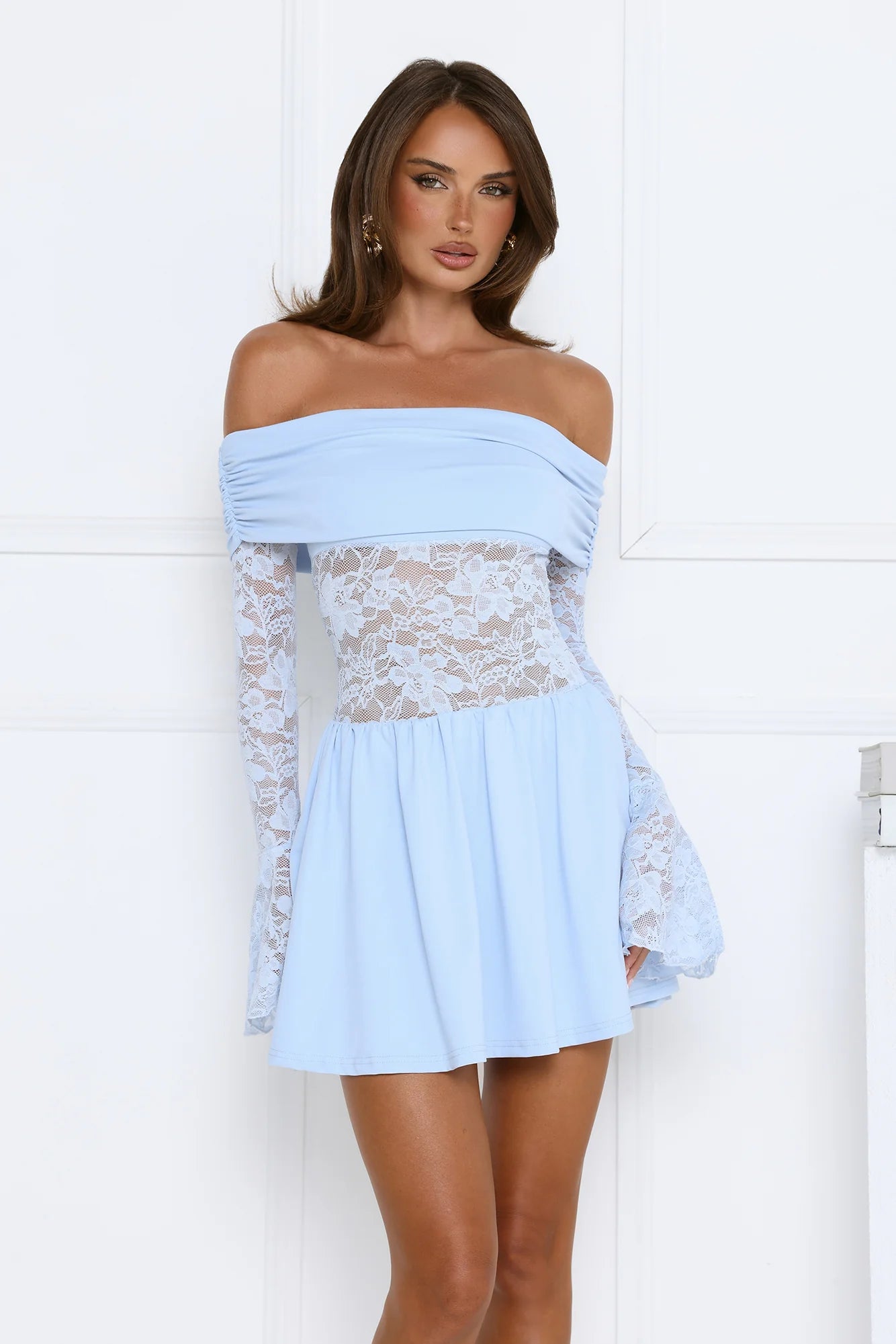 In the Loop Off Shoulder Lace Mini Dress Blue