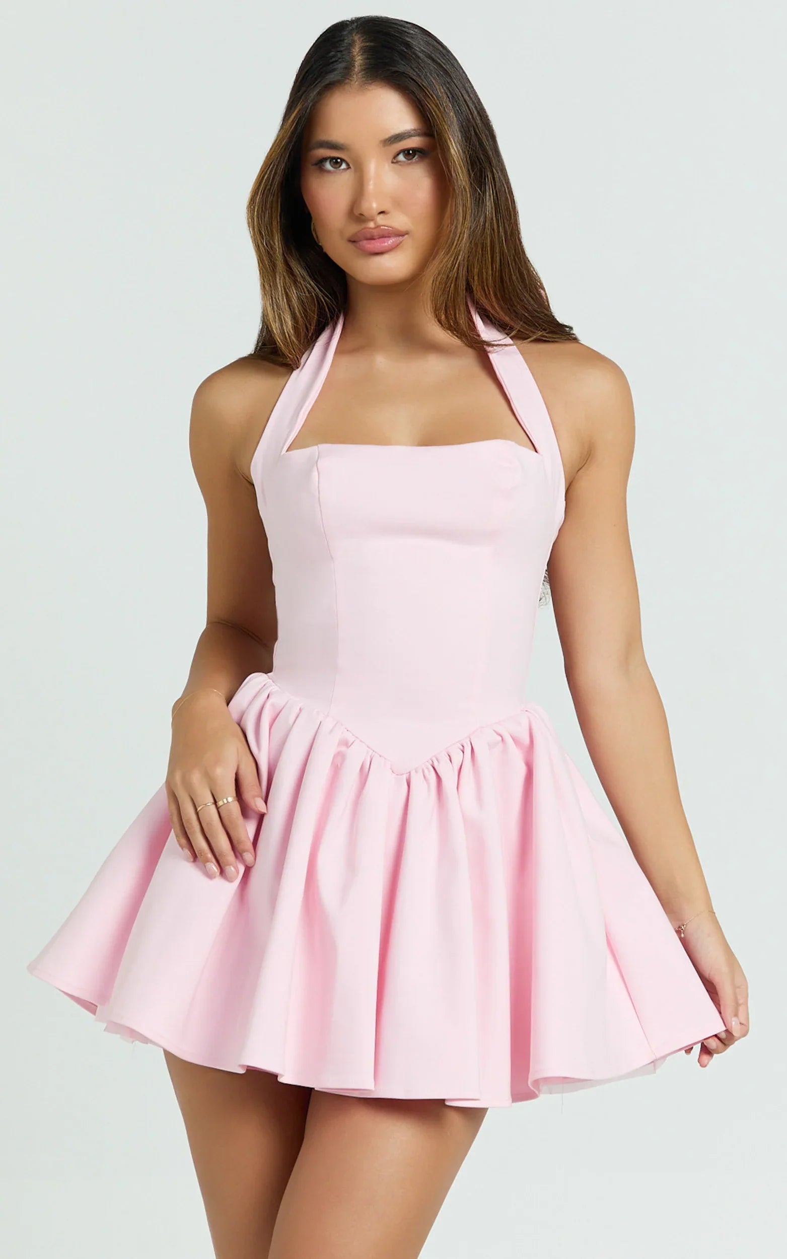 Helda Mini Dress - Halter Tie Neck Corset Panel Dress in Pink