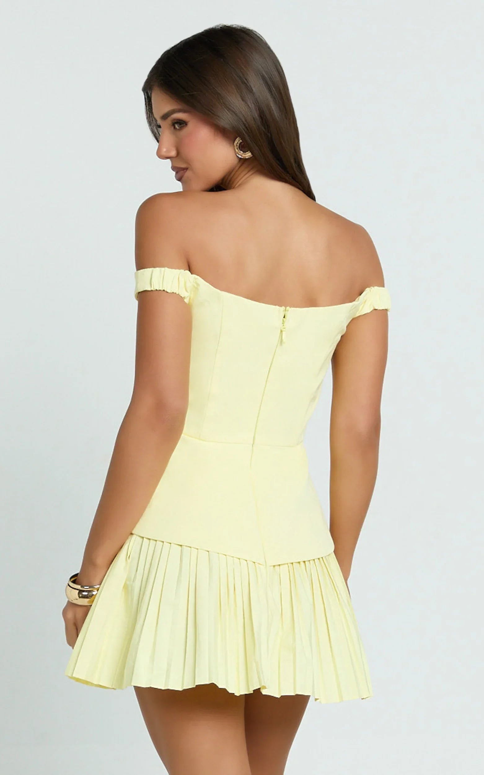 Izara Mini Dress - Off Shoulder Pleated Dress in Lemon