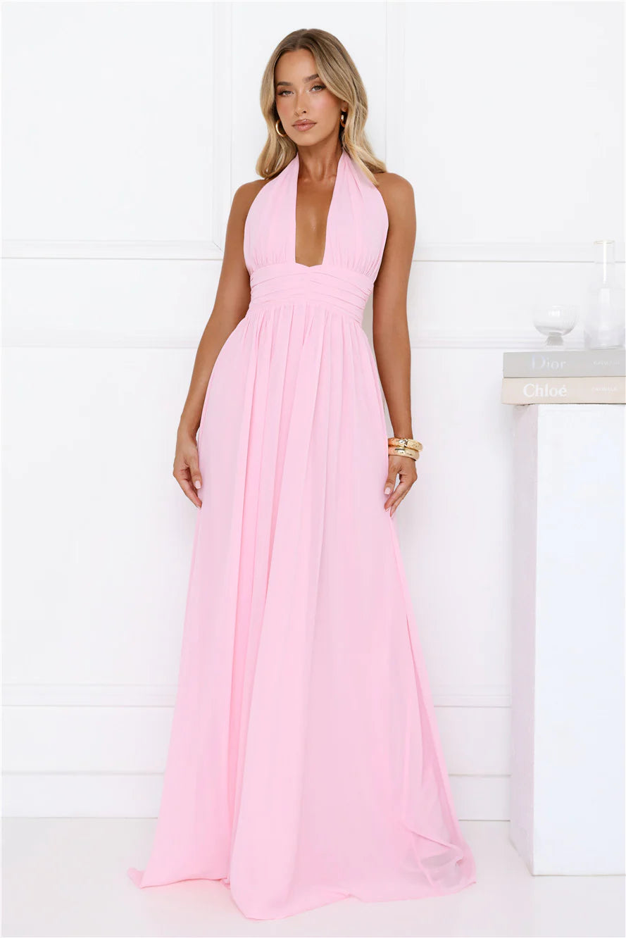 Rosé Opulence Halter Maxi Dress Pink