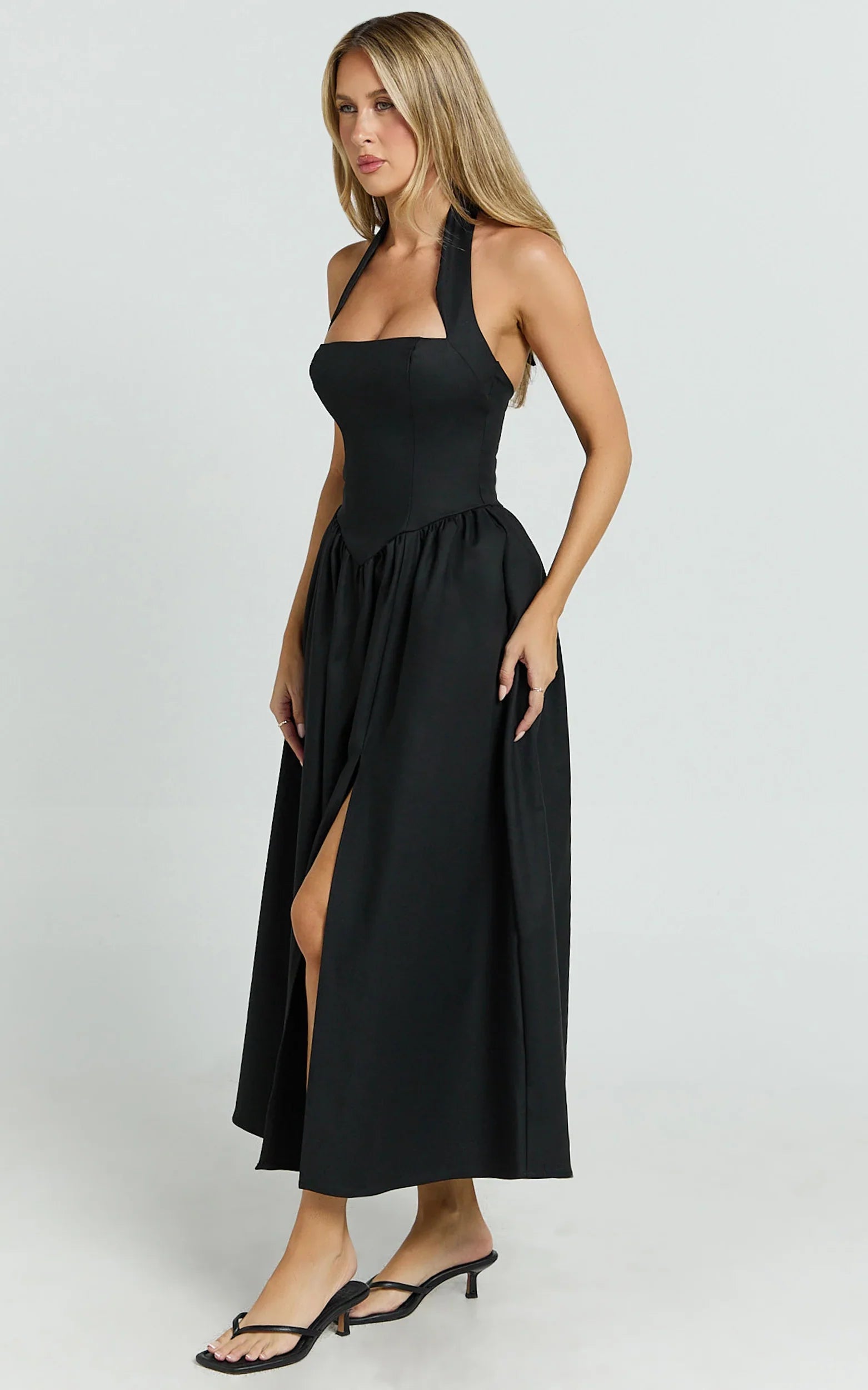 Helda Midi Dress - Halter Tie Neck Corset Panel Dress in Black