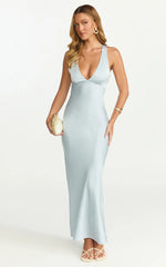 Khalani Midi Dress - Deep V Neck Satin Slip Dress in Pale Blue