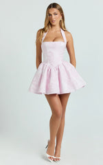 Maddy Mini Dress - Square Neck Halter Fit And Flare Dress in Pink
