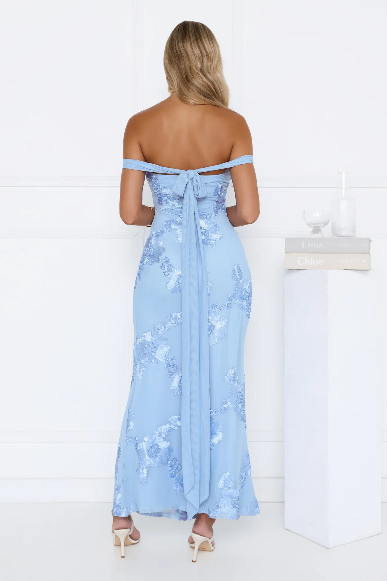 Lush Bloom Embroidered Off Shoulder Maxi Dress Blue