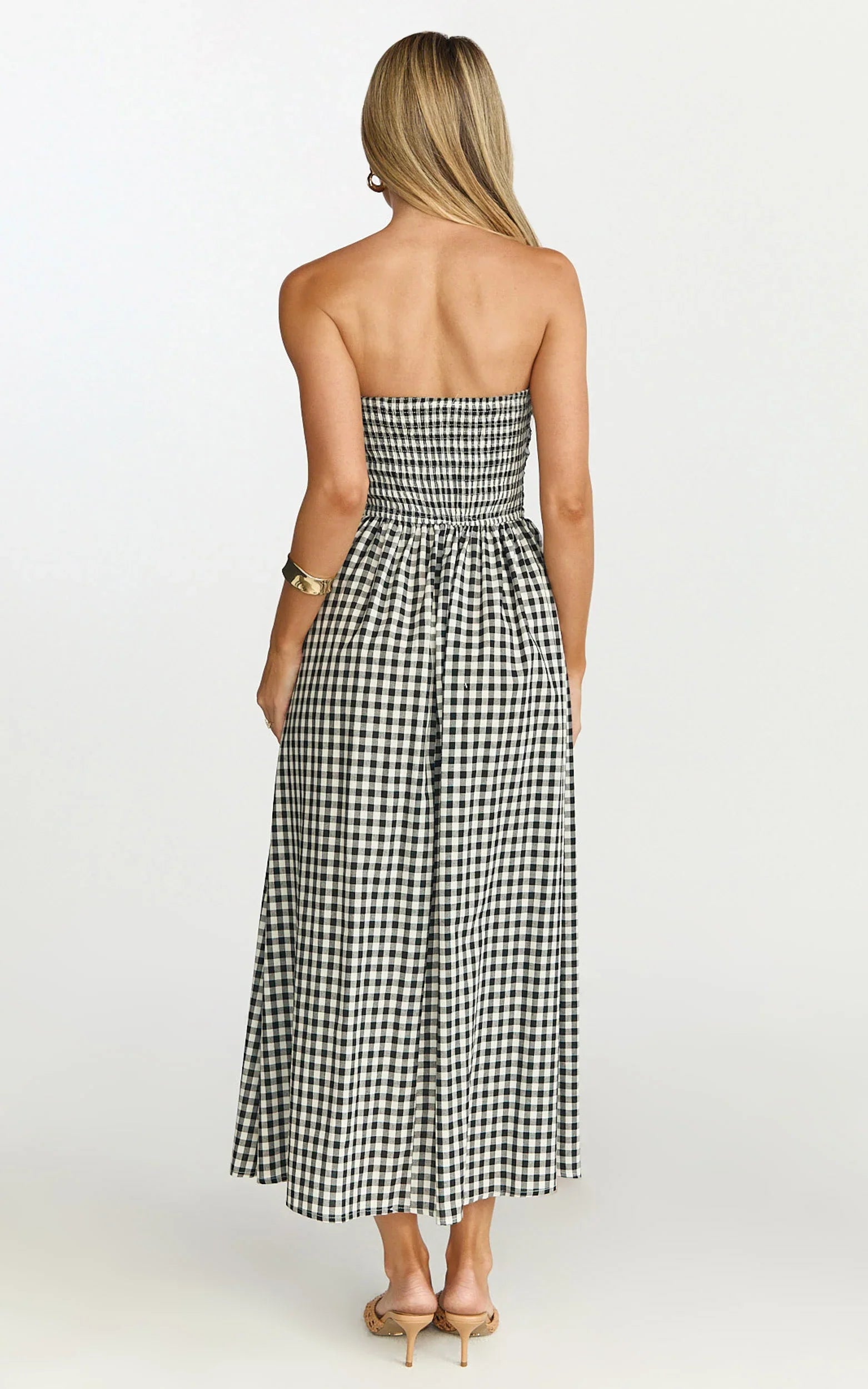 Polly Midi Dress - Strapless Ruched Dress in Black Check