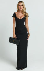 Veronika Maxi Dress - Off Shoulder Plunge High Split Dress in Black