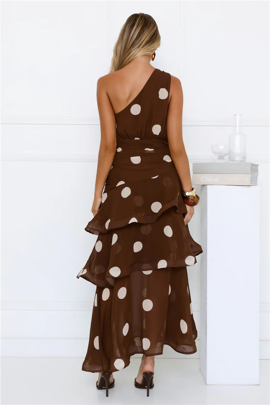 She's Trendy One Shoulder Polka Dot Maxi Dress Brown