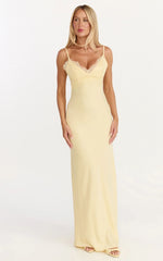 Kyra Maxi Dress - Lace Bust And Tie Back Satin Dress in Lemon