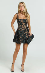 Sienna Mini Dress - 3D Floral Fit And Flare Dress in Black