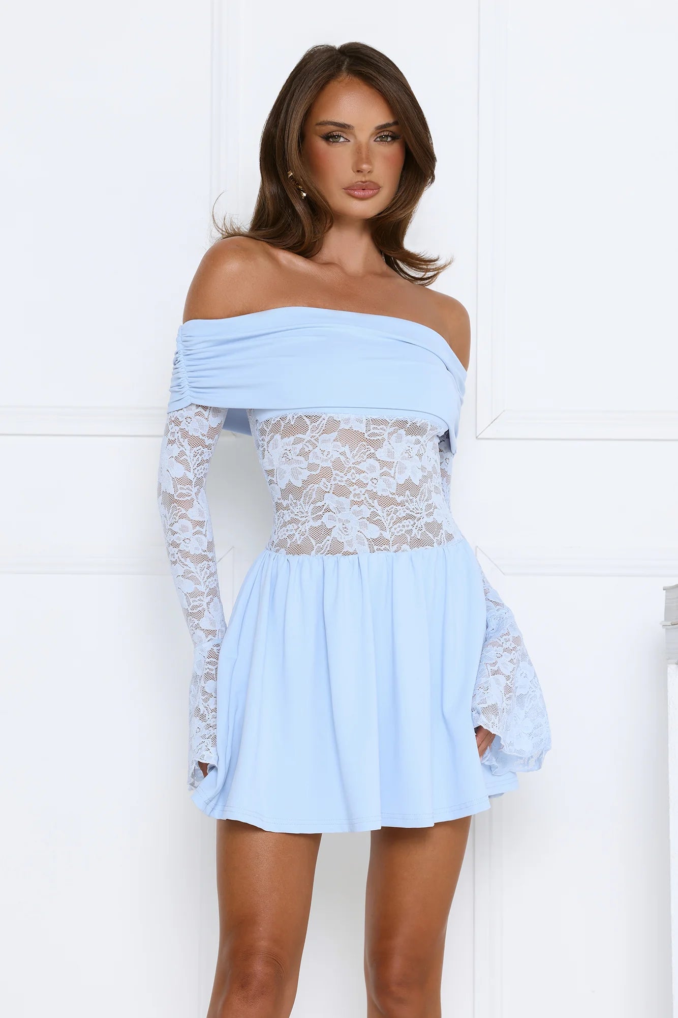In the Loop Off Shoulder Lace Mini Dress Blue