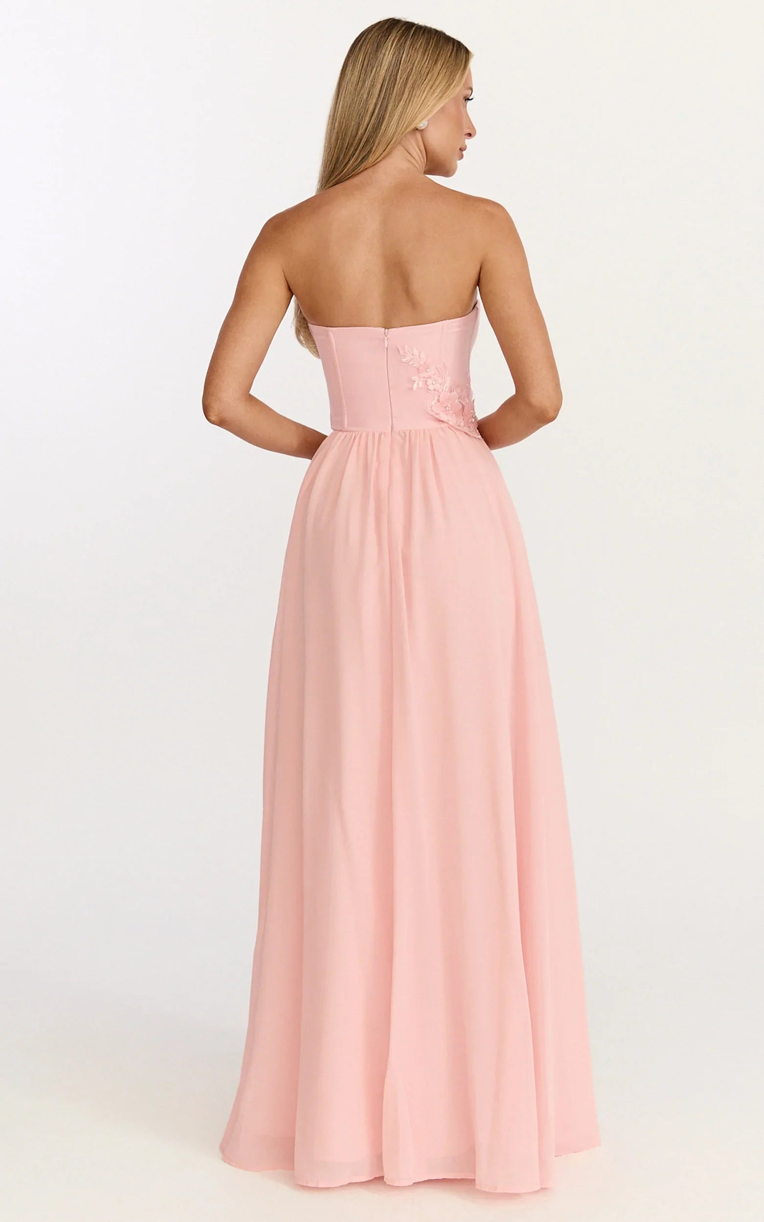 Penny Maxi Dress - Strapless Corset Bodice Floral Embellished Dress in Soft Pink