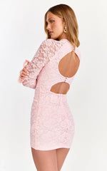 Kyra Mini Dress - Long Flare Sleeve High Neck Lace Dress in Light Pink
