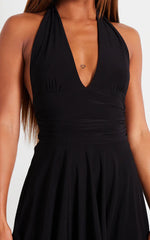 Black Double Layer Slinky Halter Neck Tie Back Shift Dress