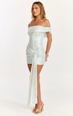 Myra Mini Dress - Off Shoulder Draped Sequin Dress in Soft Blue