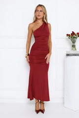 Alluring Ruched One Shoulder Maxi Dress Burgundy