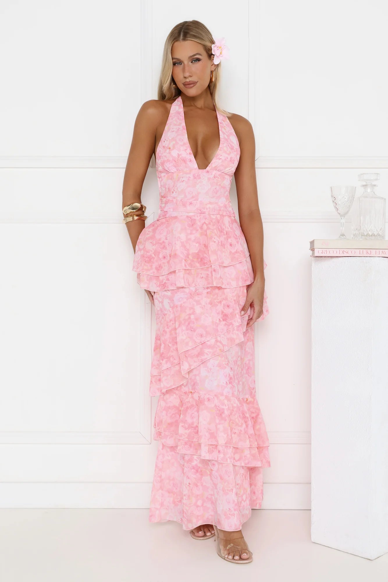 Tropical Bloom Halter Tiered Maxi Dress Pink