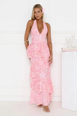 Tropical Bloom Halter Tiered Maxi Dress Pink