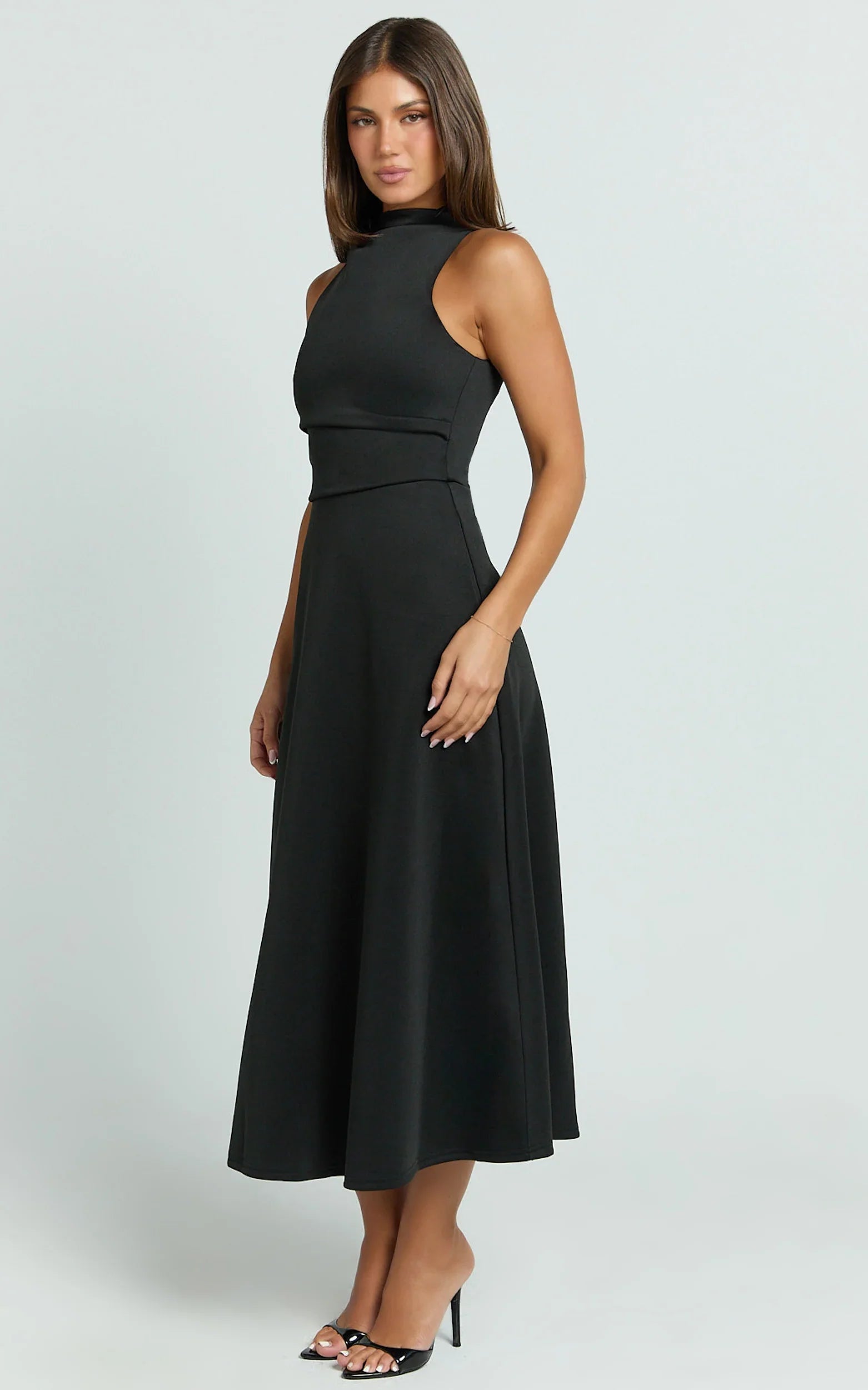 Macy Midi Dress - High Neck A Line Dress in Black