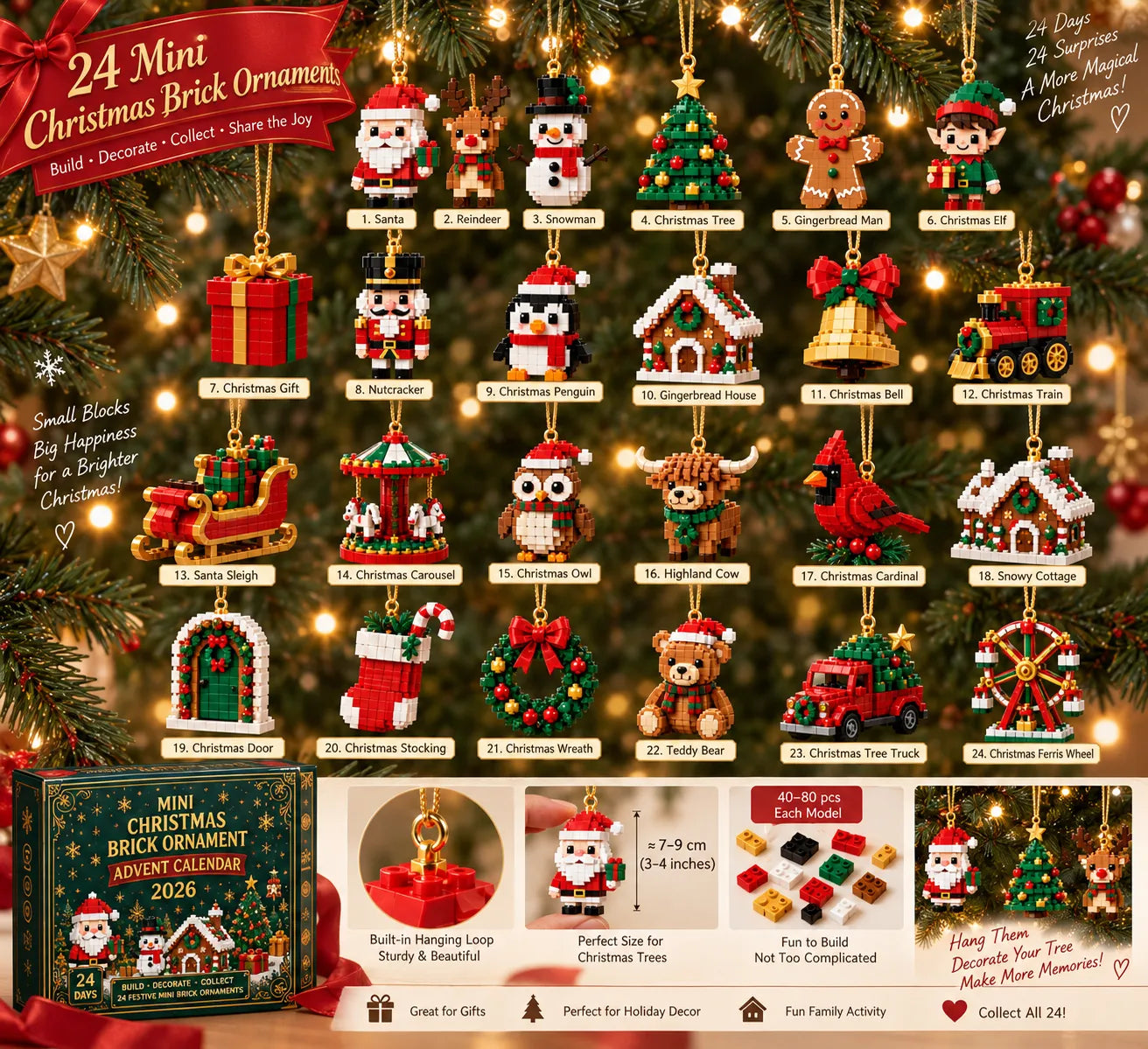 🎄24-Day Mini Christmas Brick Ornament Advent Calendar