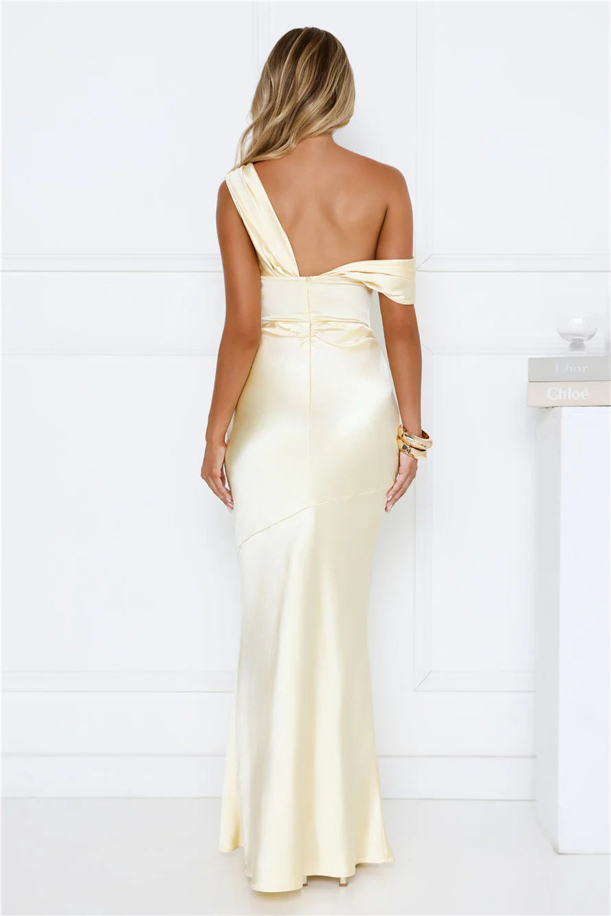 She's A Dream Satin Off Shoulder Maxi Dress Yellow