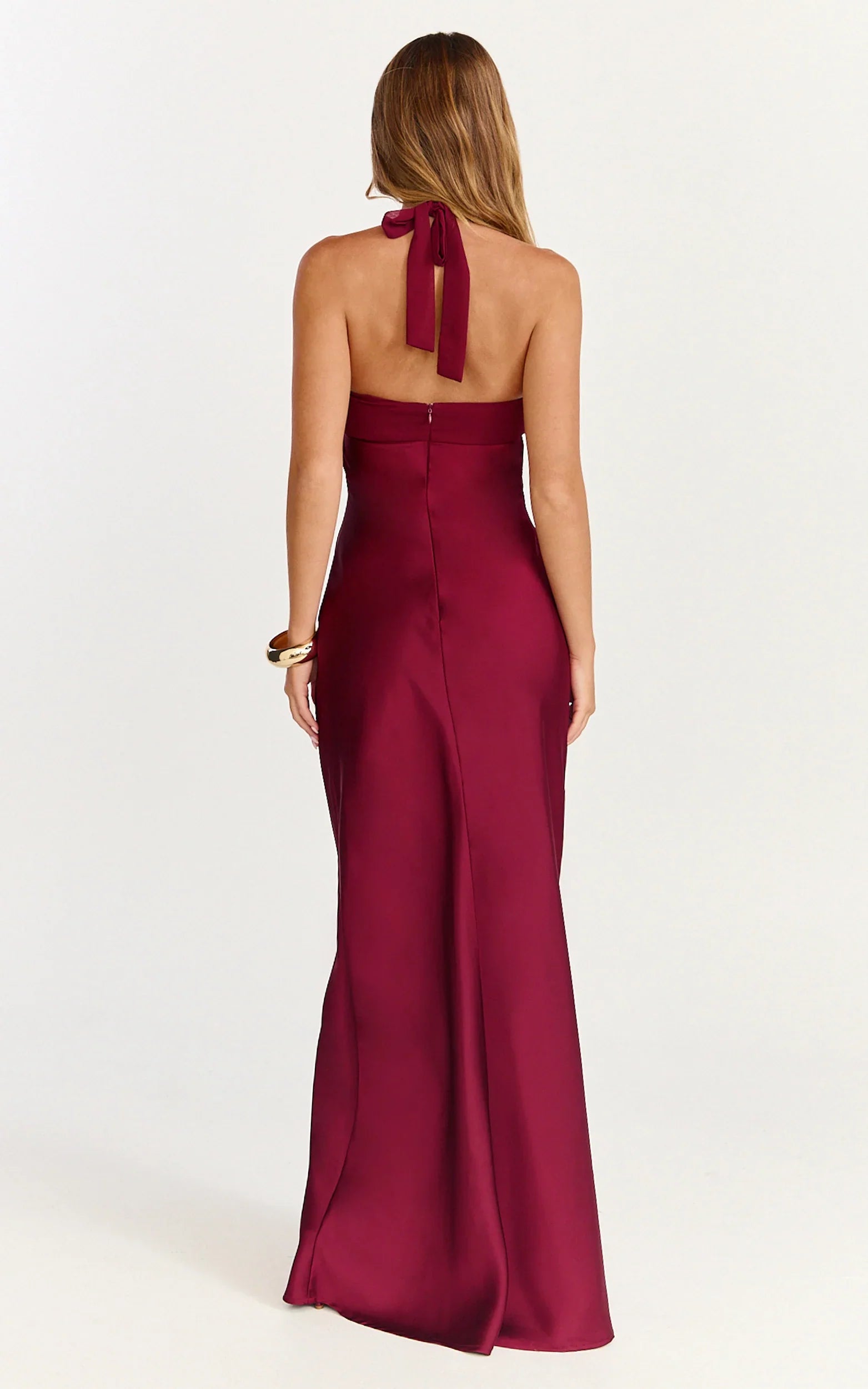 Flynn Maxi Dress - Satin Halter Sweetheart Neck Dress in Wine