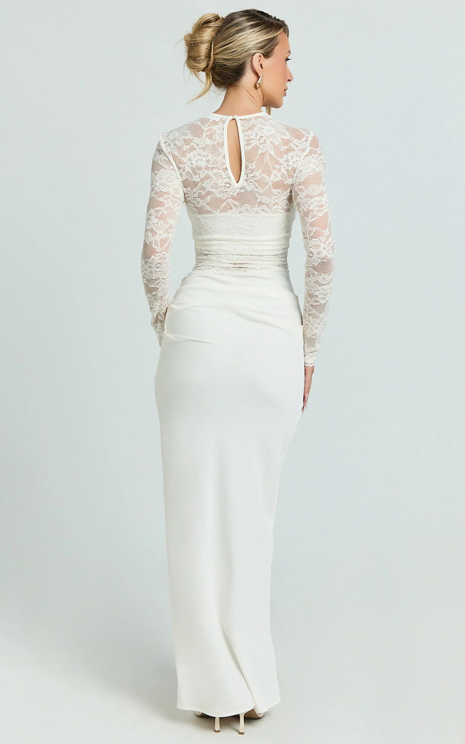 Crisanta Maxi Dress - Long Sleeve Contrast Lace Bodycon Dress in Ivory