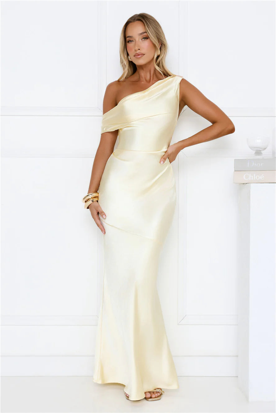 She's A Dream Satin Off Shoulder Maxi Dress Yellow
