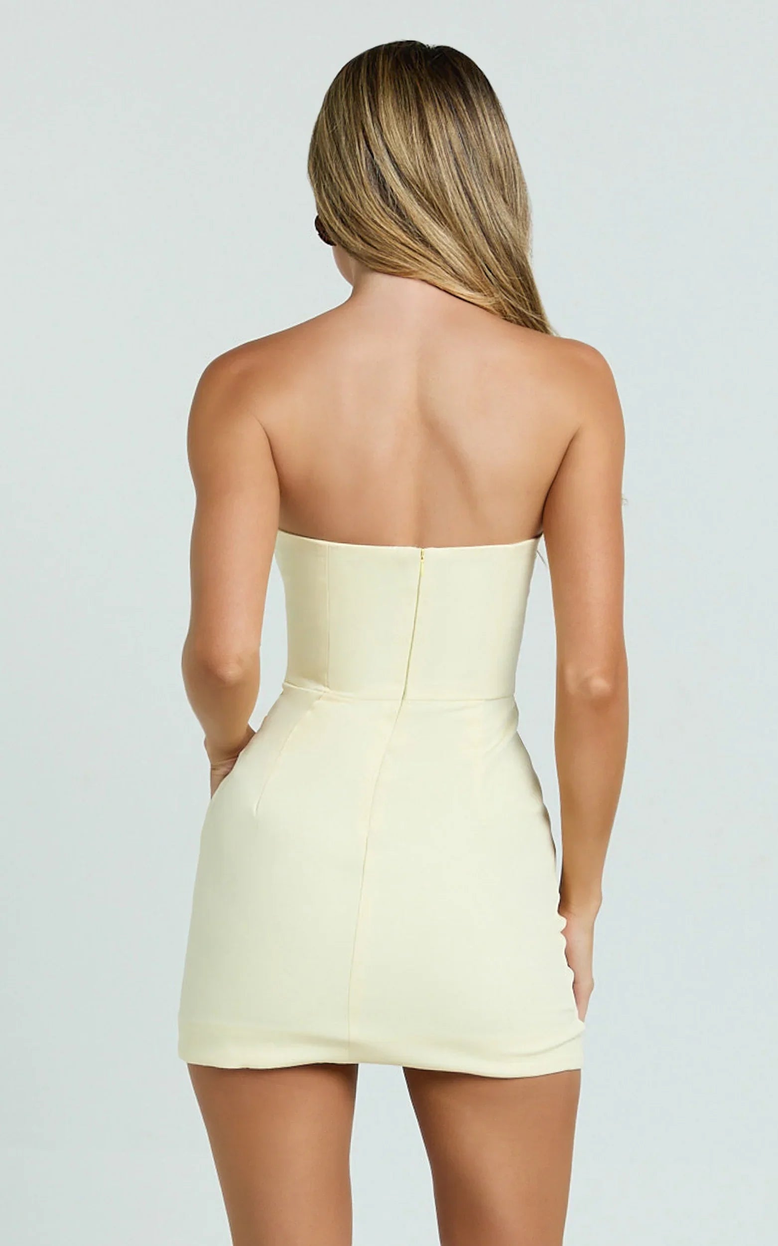 Avery Mini Dress - Strapless Corset Bodice Draped Dress in Lemon
