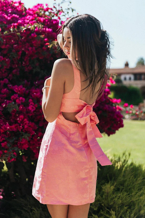 Perfectly Flirtatious Red Floral Jacquard Tie-Back Mini Dress
