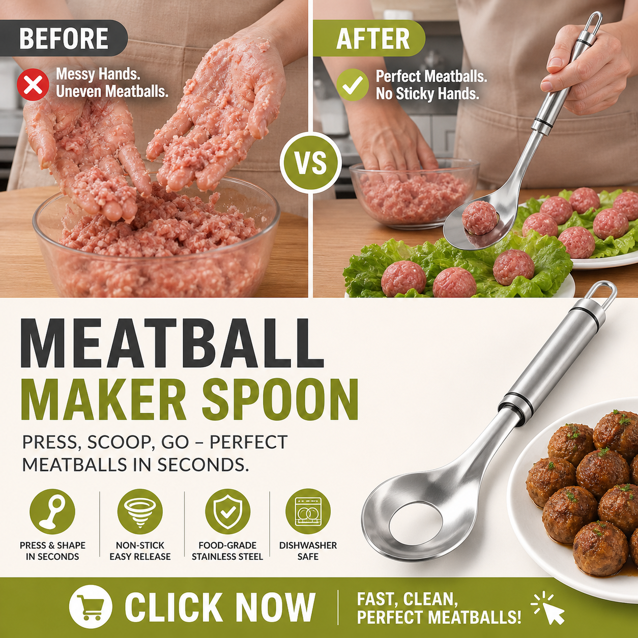 🎁 LIMITED-TIME 50% OFF  🍳 Stainless steel meatball spoon Forms uniform meatballs without getting your hands sticky.